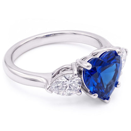 3 Stone Pear Natural Earth Mined Diamond & Heart Blue Sapphire Ring 3 Carats Gold Jewelry
