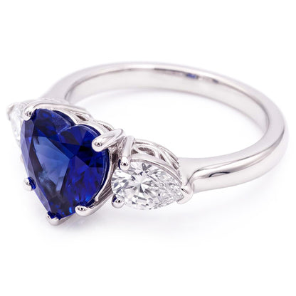3 Stone Pear Natural Earth Mined Diamond & Heart Blue Sapphire Ring 3 Carats Gold Jewelry
