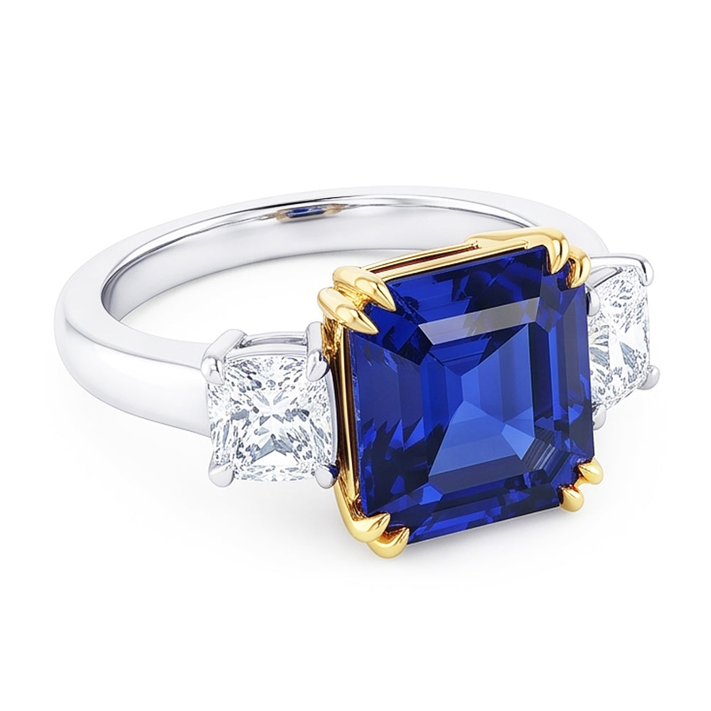 3 Stone Radiant Natural Earth Mined Diamond & Asscher Sapphire Ring 2.50 Carats Two Tone