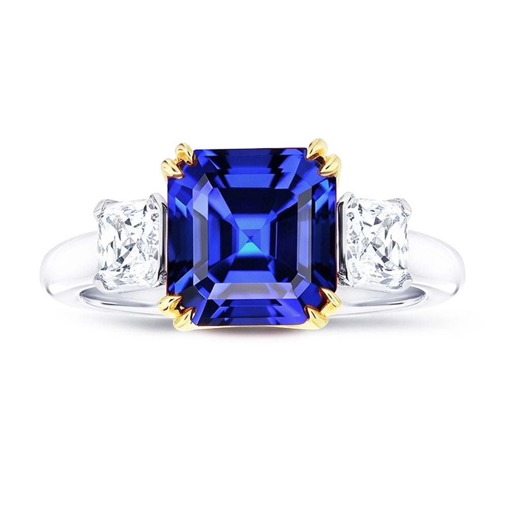 3 Stone Radiant Natural Earth Mined Diamond & Asscher Sapphire Ring 2.50 Carats Two Tone