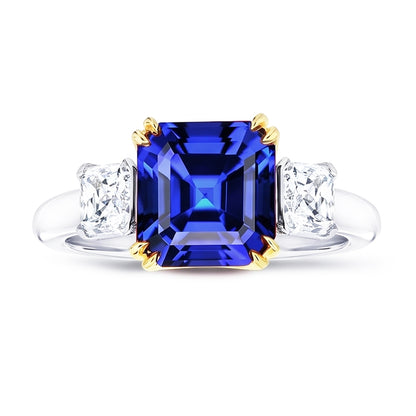 3 Stone Radiant Natural Earth Mined Diamond & Asscher Sapphire Ring 2.50 Carats Two Tone