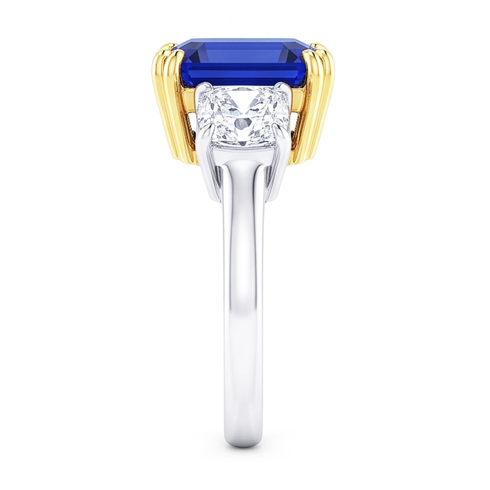 3 Stone Radiant Natural Earth Mined Diamond & Asscher Sapphire Ring 2.50 Carats Two Tone