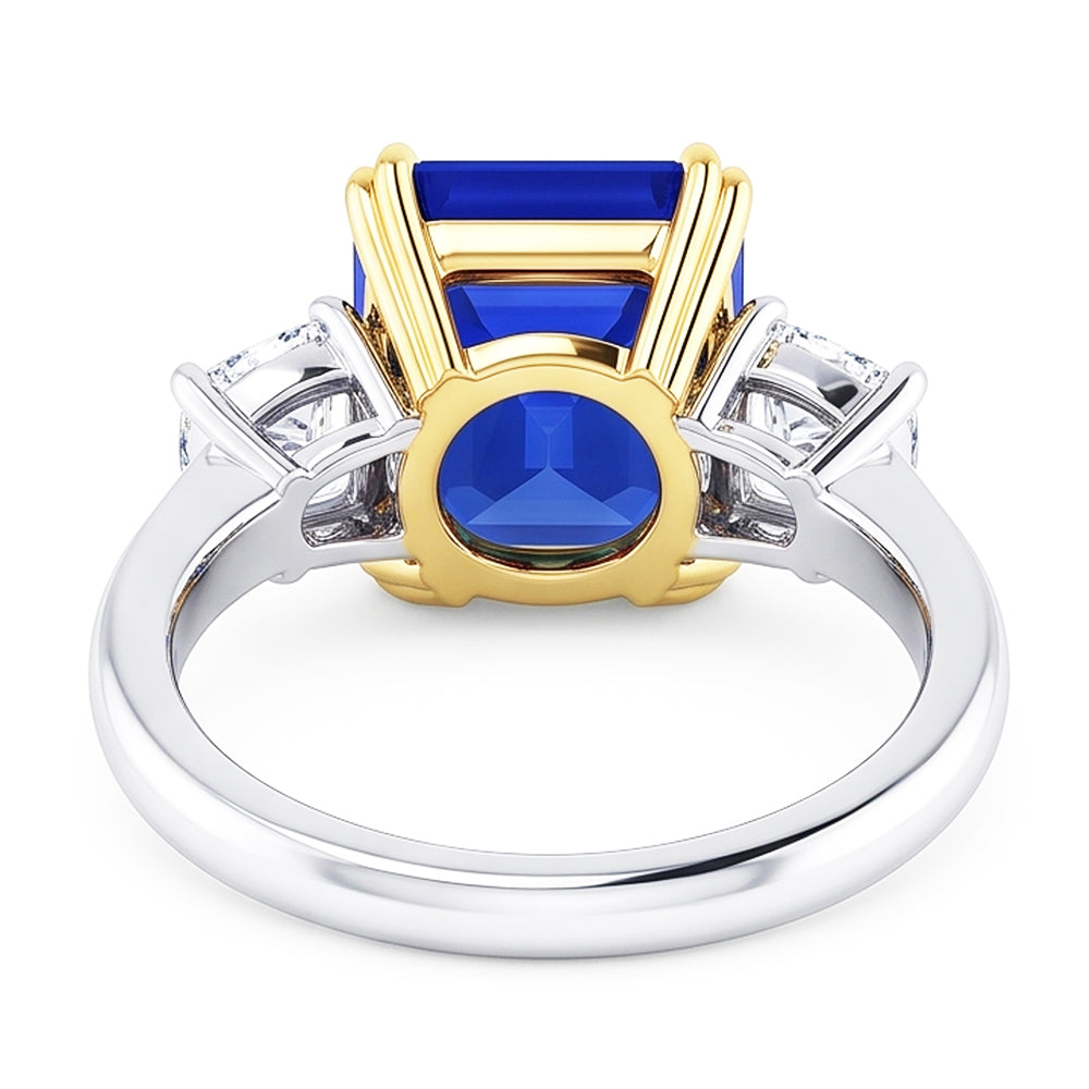 3 Stone Radiant Natural Earth Mined Diamond & Asscher Sapphire Ring 2.50 Carats Two Tone