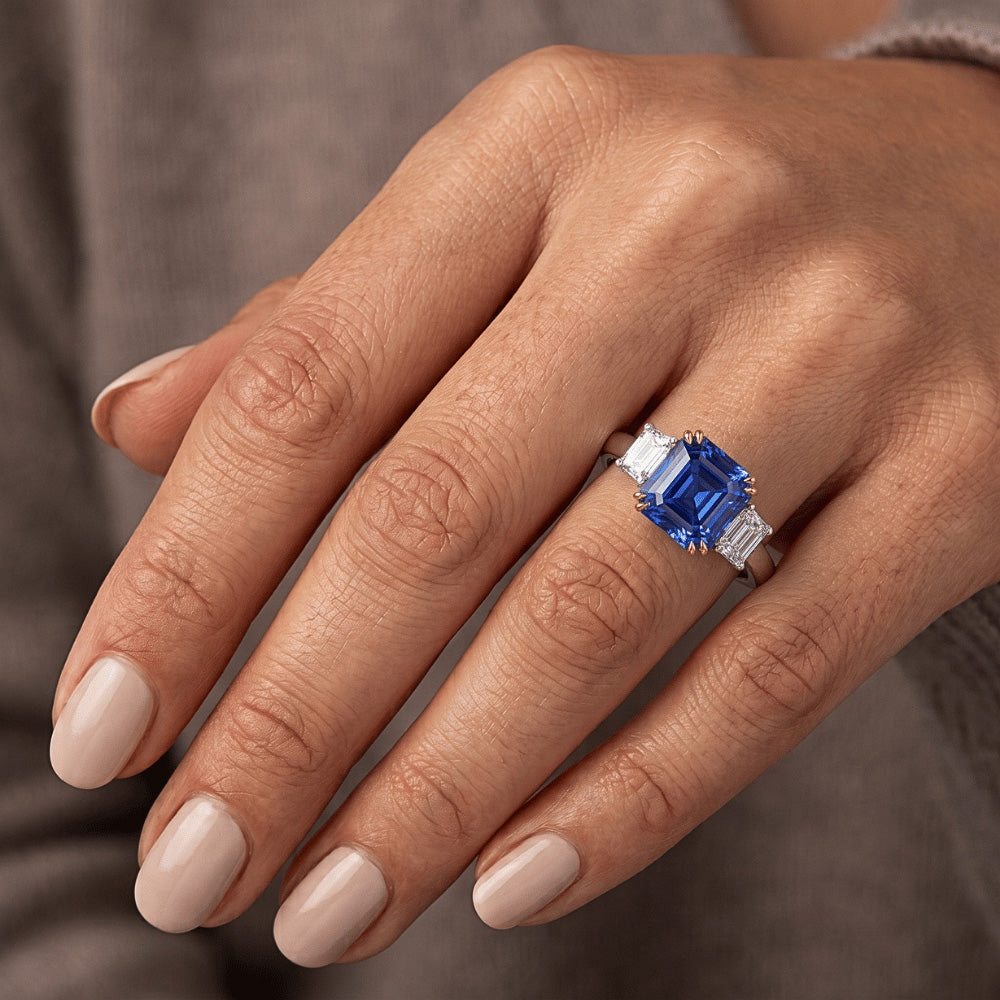 3 Stone Radiant Natural Earth Mined Diamond & Asscher Sapphire Ring 2.50 Carats Two Tone