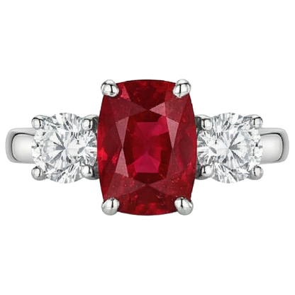 3 Stone Red Ruby And Natural Earth Mined Diamonds 4.50 Carats Ring 14K Gold