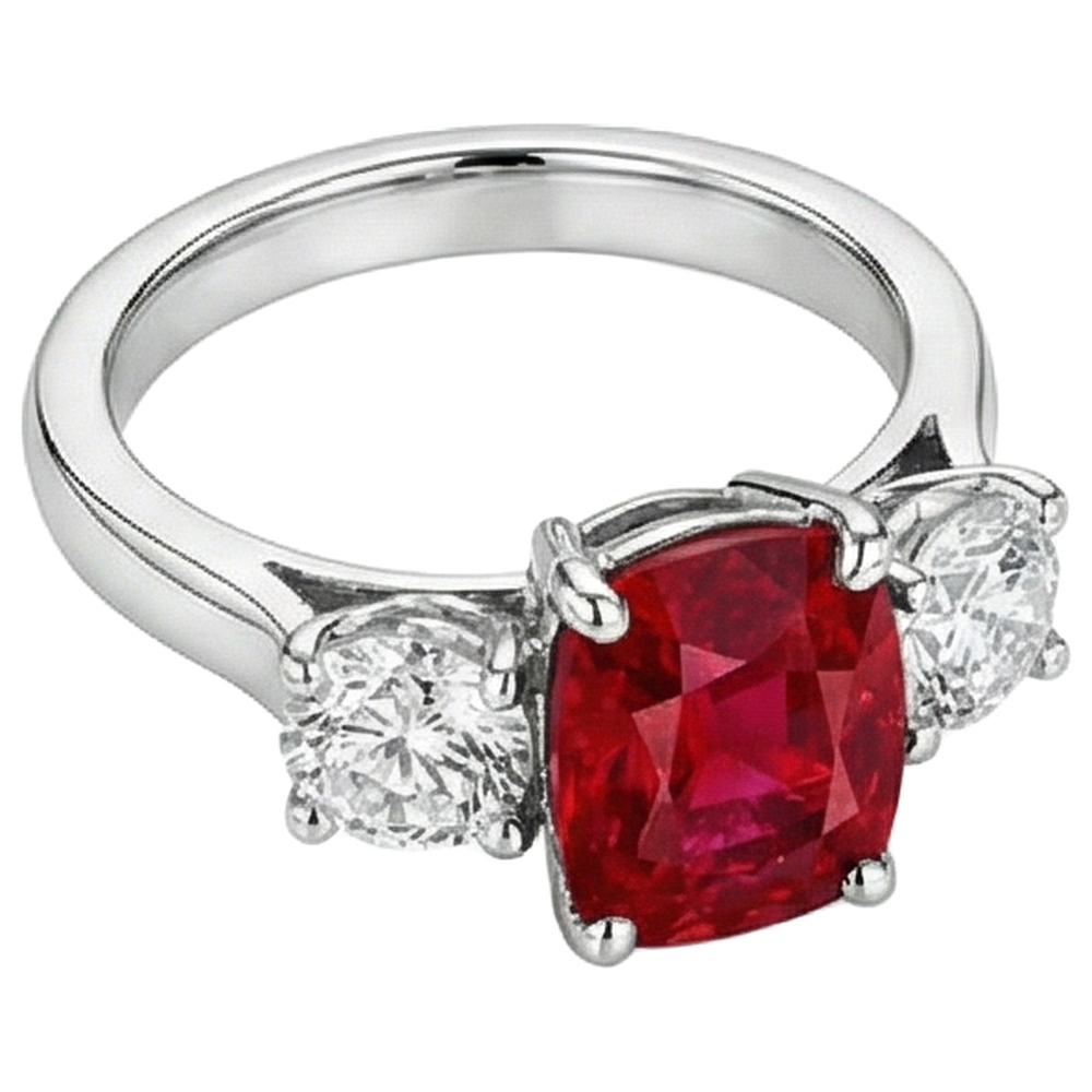 3 Stone Red Ruby And Natural Earth Mined Diamonds 4.50 Carats Ring 14K Gold