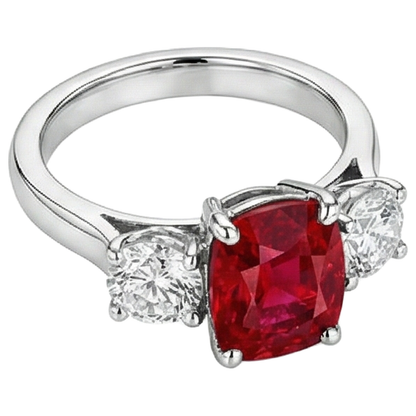 3 Stone Red Ruby And Natural Earth Mined Diamonds 4.50 Carats Ring 14K Gold