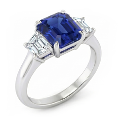 3 Stone Ring Asscher Cut Blue Sapphire & Trapezoid Natural Earth Mined Diamonds 2 Carats