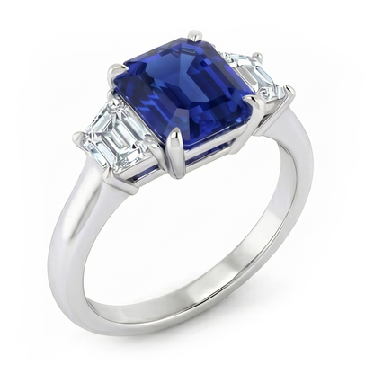 3 Stone Ring Asscher Cut Blue Sapphire & Trapezoid Natural Earth Mined Diamonds 2 Carats