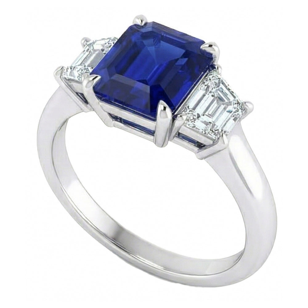 3 Stone Ring Asscher Cut Blue Sapphire & Trapezoid Natural Earth Mined Diamonds 2 Carats