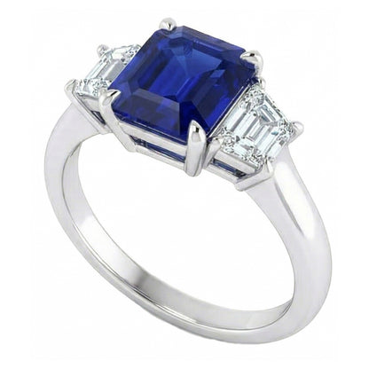 3 Stone Ring Asscher Cut Blue Sapphire & Trapezoid Natural Earth Mined Diamonds 2 Carats