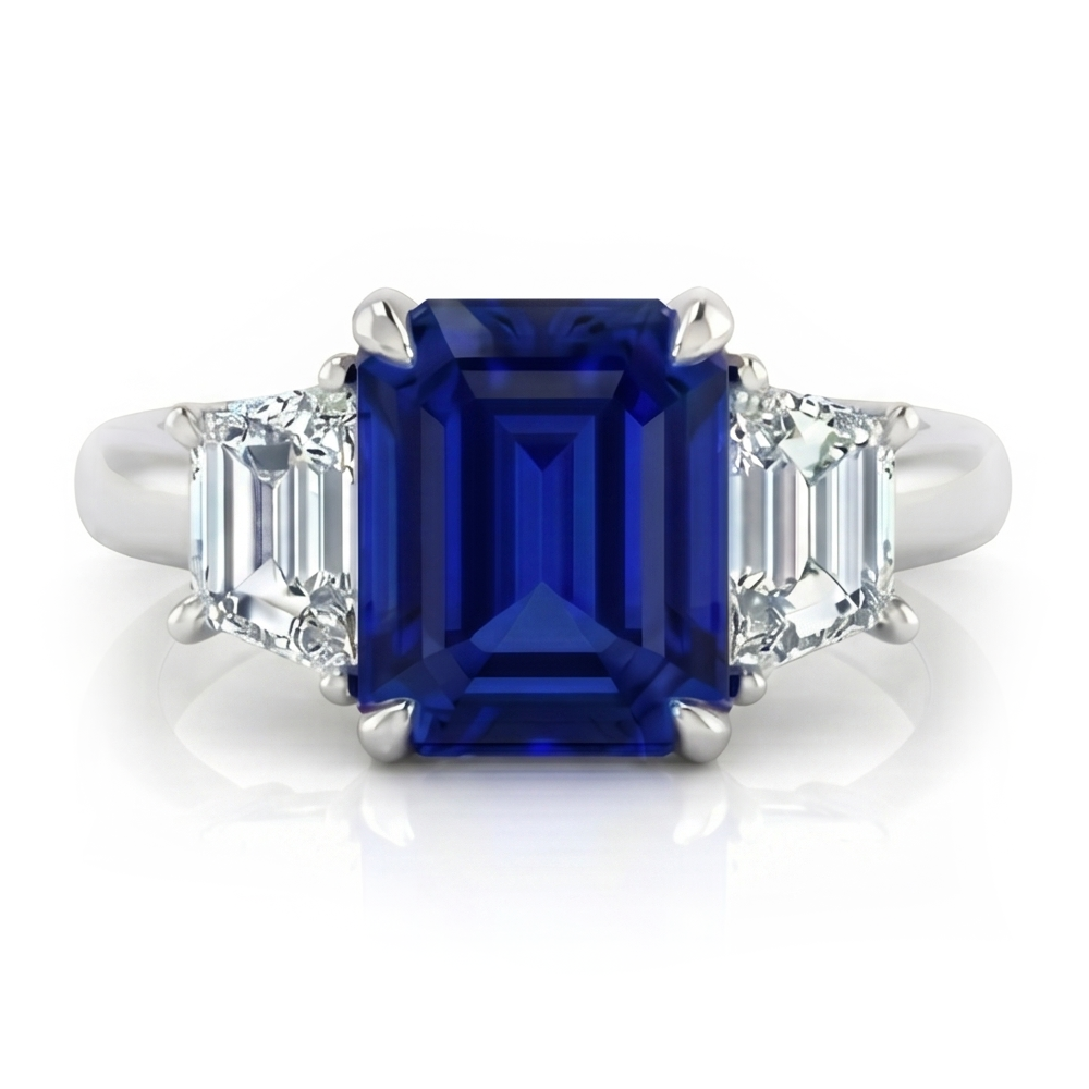 3 Stone Ring Asscher Cut Blue Sapphire & Trapezoid Natural Earth Mined Diamonds 2 Carats