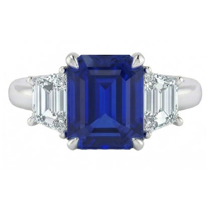 3 Stone Ring Asscher Cut Blue Sapphire & Trapezoid Natural Earth Mined Diamonds 2 Carats