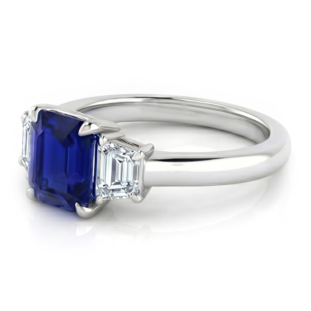 3 Stone Ring Asscher Cut Blue Sapphire & Trapezoid Natural Earth Mined Diamonds 2 Carats