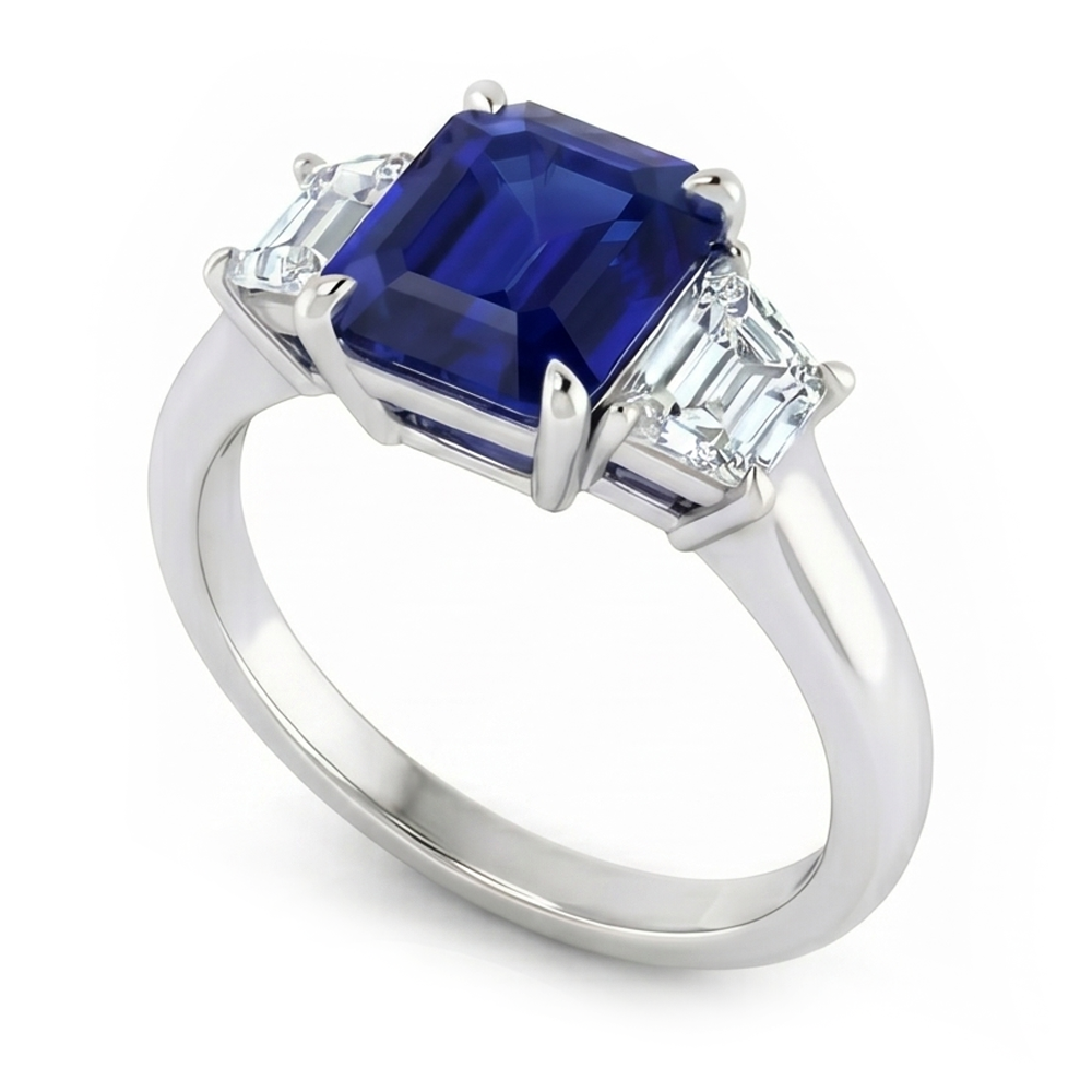 3 Stone Ring Asscher Cut Blue Sapphire & Trapezoid Natural Earth Mined Diamonds 2 Carats
