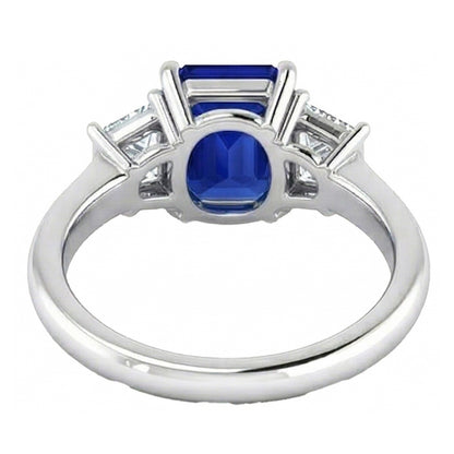 3 Stone Ring Asscher Cut Blue Sapphire & Trapezoid Natural Earth Mined Diamonds 2 Carats
