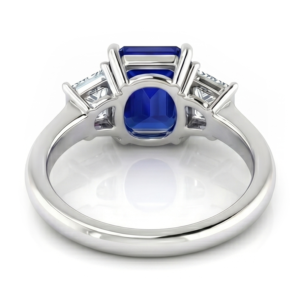 3 Stone Ring Asscher Cut Blue Sapphire & Trapezoid Natural Earth Mined Diamonds 2 Carats