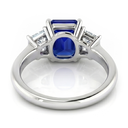 3 Stone Ring Asscher Cut Blue Sapphire & Trapezoid Natural Earth Mined Diamonds 2 Carats