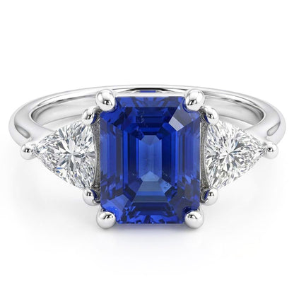 3 Stone Ring Blue Sapphire Emerald & Trillion Natural Earth Mined Diamonds 2.50 Carats