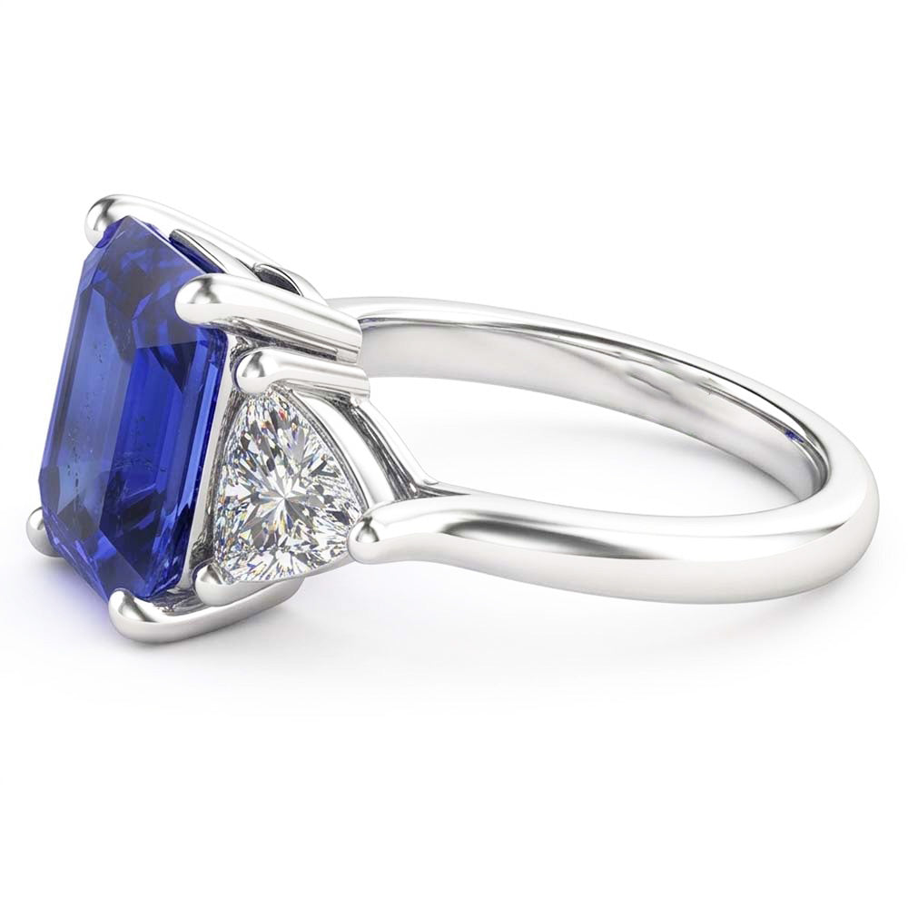 3 Stone Ring Blue Sapphire Emerald & Trillion Natural Earth Mined Diamonds 2.50 Carats
