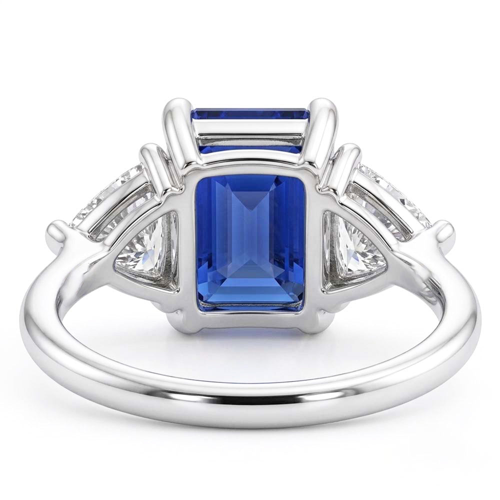 3 Stone Ring Blue Sapphire Emerald & Trillion Natural Earth Mined Diamonds 2.50 Carats