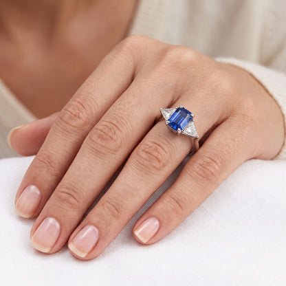 3 Stone Ring Blue Sapphire Emerald & Trillion Natural Earth Mined Diamonds 2.50 Carats