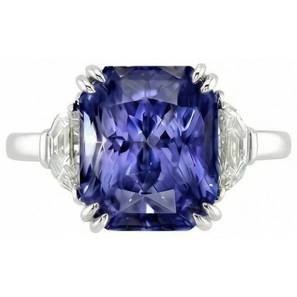 3 Stone Ring Double Prong Radiant Sapphire 4 Carats Half Moon Natural Earth Mined Diamonds
