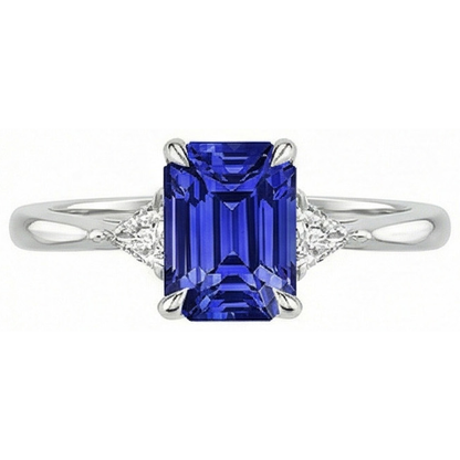 3 Stone Ring Emerald Ceylon Sapphire & Trillion Cut Natural Earth Mined Diamond 3.50 Carat