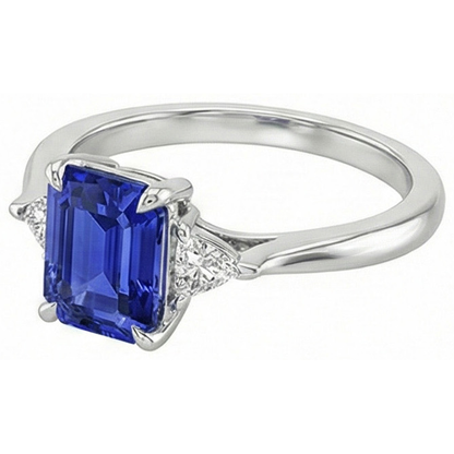 3 Stone Ring Emerald Ceylon Sapphire & Trillion Cut Natural Earth Mined Diamond 3.50 Carat