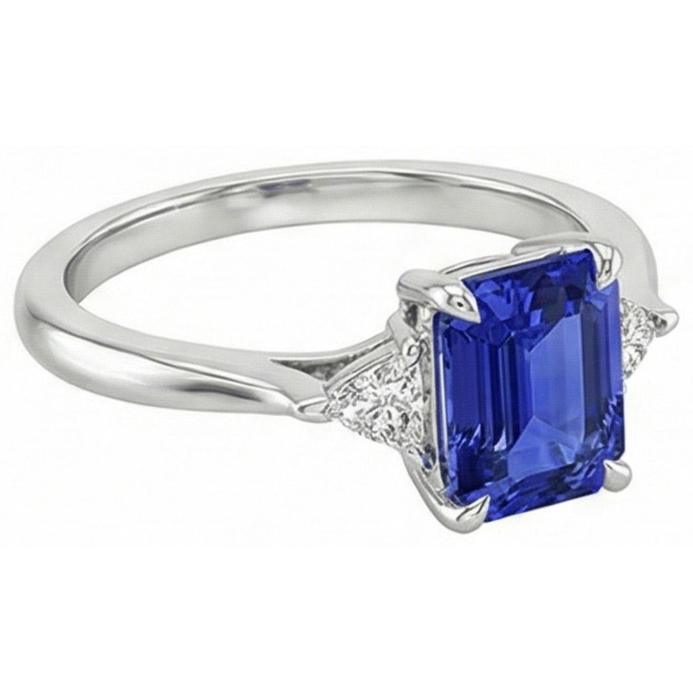 3 Stone Ring Emerald Ceylon Sapphire & Trillion Cut Natural Earth Mined Diamond 3.50 Carat