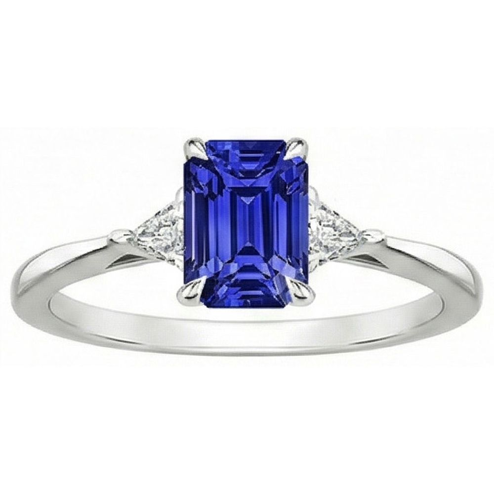 3 Stone Ring Emerald Ceylon Sapphire & Trillion Cut Natural Earth Mined Diamond 3.50 Carat