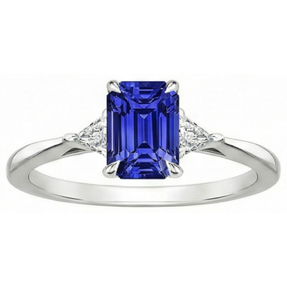 3 Stone Ring Emerald Ceylon Sapphire & Trillion Cut Natural Earth Mined Diamond 3.50 Carat