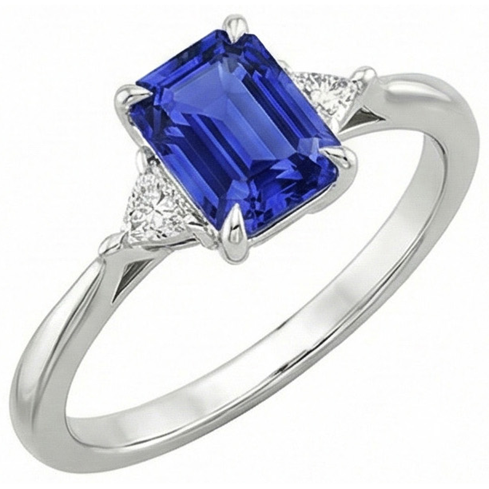 3 Stone Ring Emerald Ceylon Sapphire & Trillion Cut Natural Earth Mined Diamond 3.50 Carat
