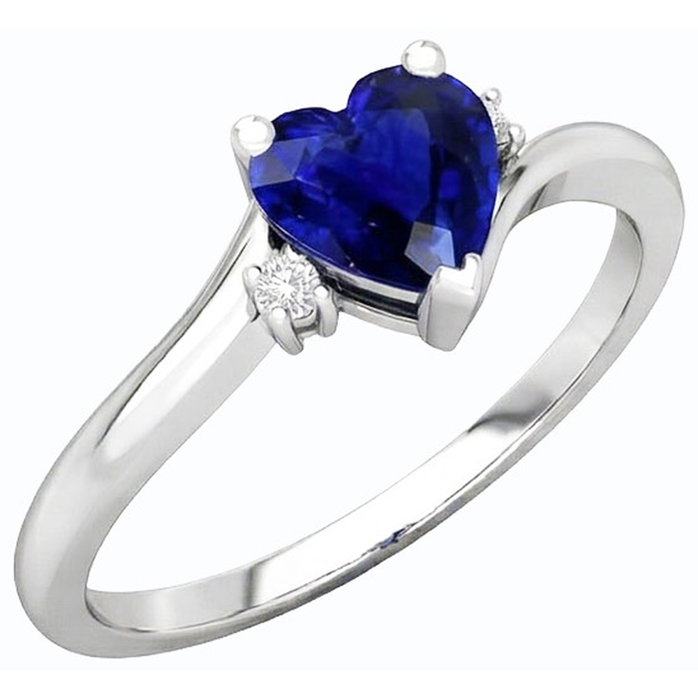 3 Stone Ring Heart Blue Sapphire & Small Round Natural Earth Mined Diamonds 1.75 Carats