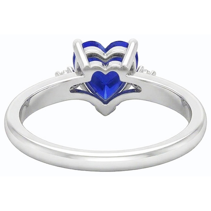 3 Stone Ring Heart Blue Sapphire & Small Round Natural Earth Mined Diamonds 1.75 Carats