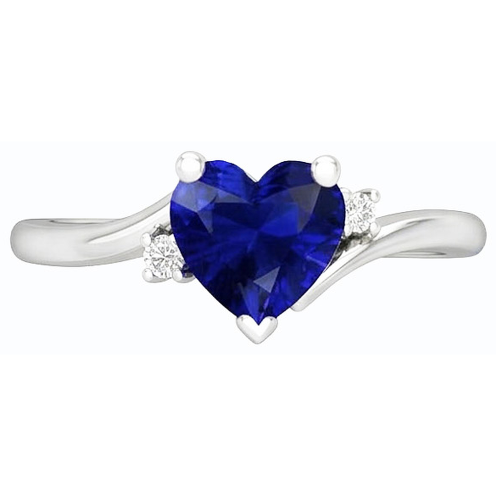 3 Stone Ring Heart Blue Sapphire & Small Round Natural Earth Mined Diamonds 1.75 Carats
