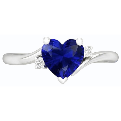 3 Stone Ring Heart Blue Sapphire & Small Round Natural Earth Mined Diamonds 1.75 Carats