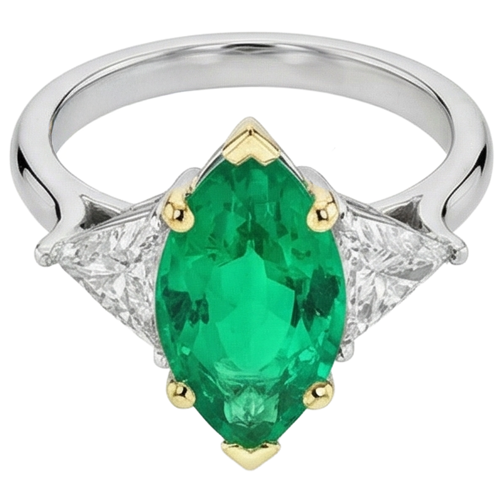 Natural Real ( Not Lab Grown ) 3 Stone Ring Marquise Cut Green Emerald GIA With Diamonds