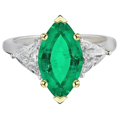 Natural Real ( Not Lab Grown ) 3 Stone Ring Marquise Cut Green Emerald GIA With Diamonds