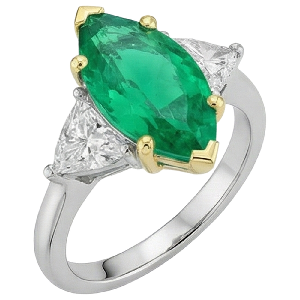 Natural Real ( Not Lab Grown ) 3 Stone Ring Marquise Cut Green Emerald GIA With Diamonds