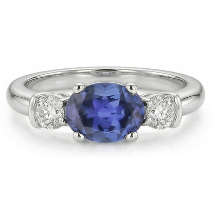 3 Stone Ring Oval And Round Cut Ceylon Sapphire & Natural Earth Mined Diamond 5 Carats New