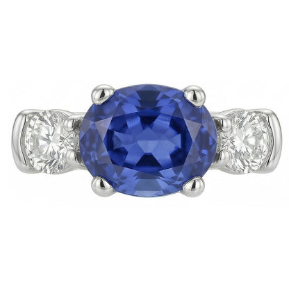 3 Stone Ring Oval And Round Cut Ceylon Sapphire & Natural Earth Mined Diamond 5 Carats New