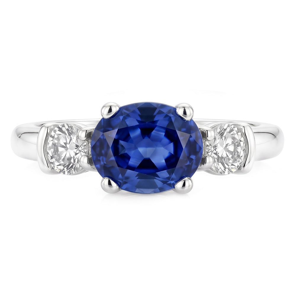 3 Stone Ring Oval And Round Cut Ceylon Sapphire & Natural Earth Mined Diamond 5 Carats New