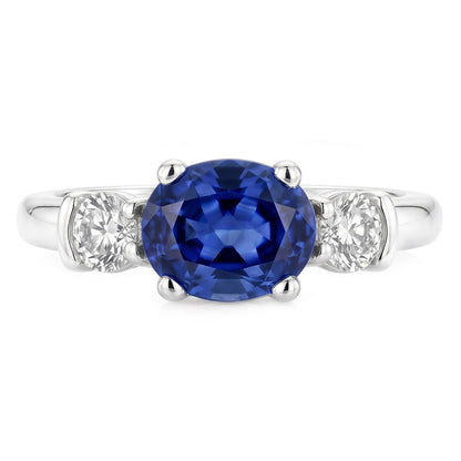 3 Stone Ring Oval And Round Cut Ceylon Sapphire & Natural Earth Mined Diamond 5 Carats New