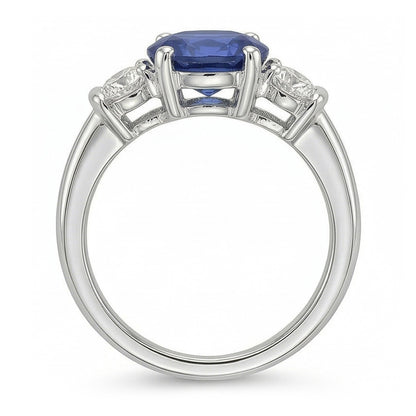 3 Stone Ring Oval And Round Cut Ceylon Sapphire & Natural Earth Mined Diamond 5 Carats New