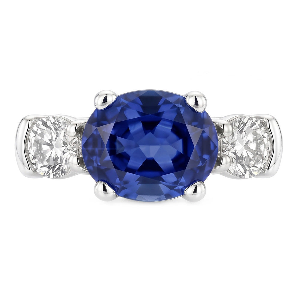 3 Stone Ring Oval And Round Cut Ceylon Sapphire & Natural Earth Mined Diamond 5 Carats New