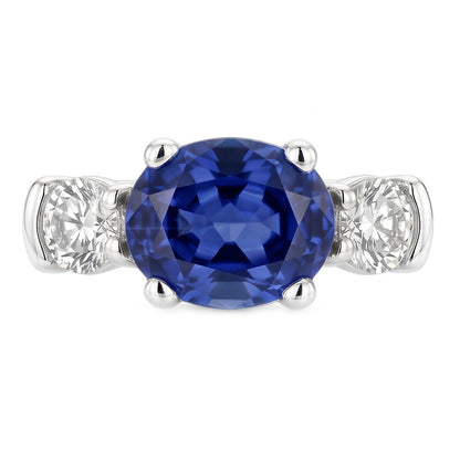 3 Stone Ring Oval And Round Cut Ceylon Sapphire & Natural Earth Mined Diamond 5 Carats New