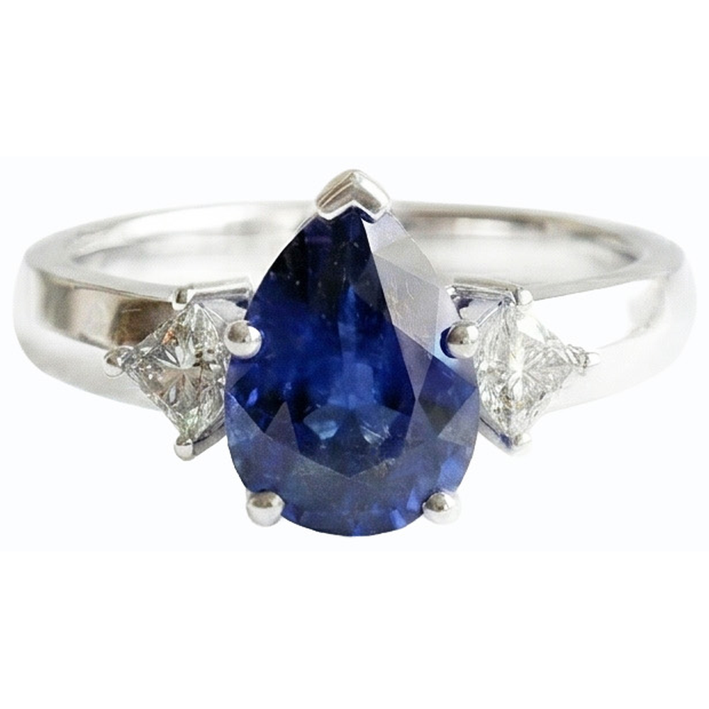 3 Stone Ring Pear Blue Sapphire & Princess Natural Earth Mined Diamonds 3 Carats Gold 14K