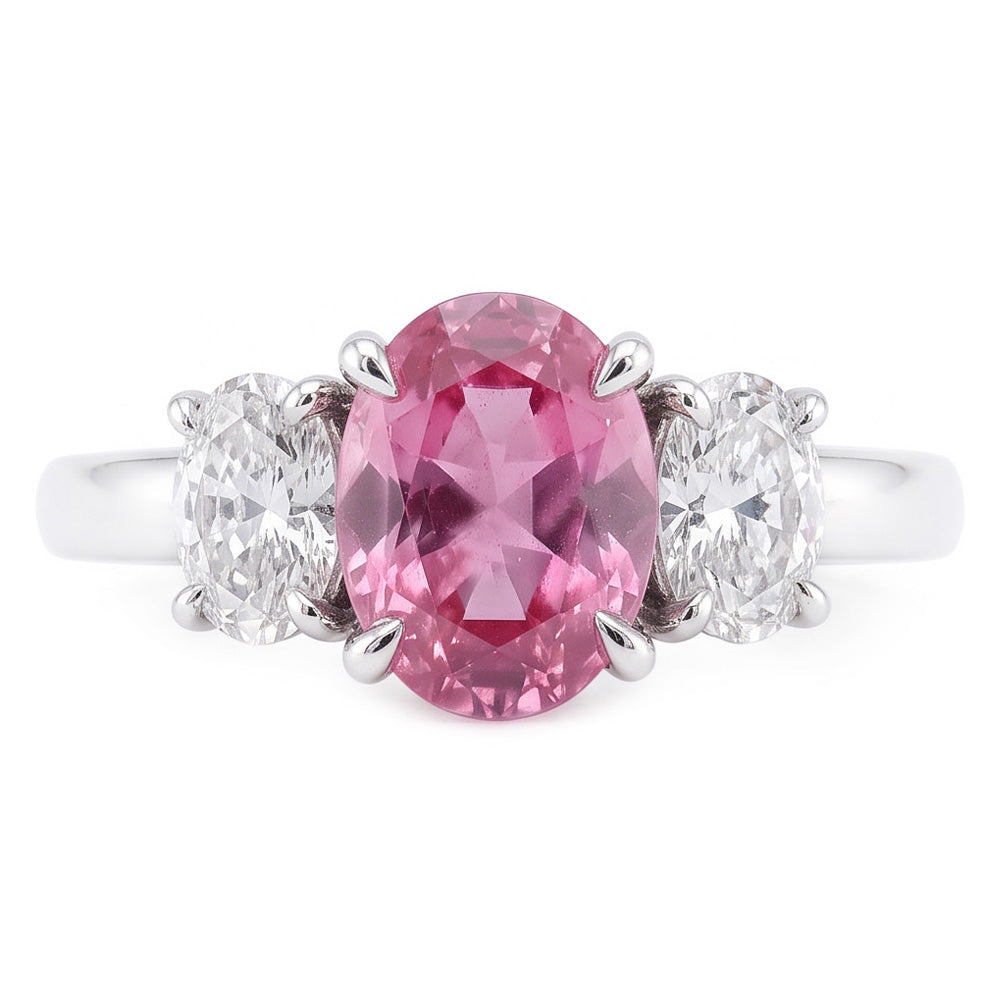 3 Stone Ring Pink Sapphire With Natural Earth Mined Diamonds 3.50 Carats White Gold 14K