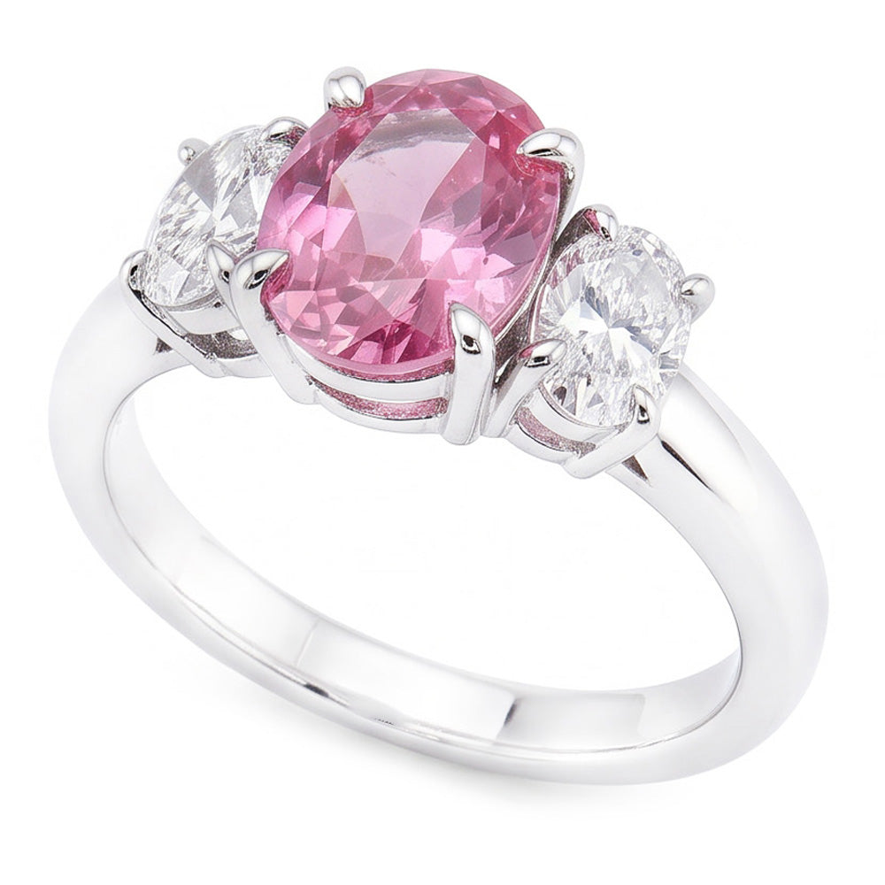 3 Stone Ring Pink Sapphire With Natural Earth Mined Diamonds 3.50 Carats White Gold 14K